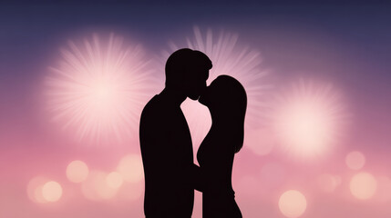Romantic silhouette of loving couple kissing under firework display. passionate celebration of togetherness on special night occasion