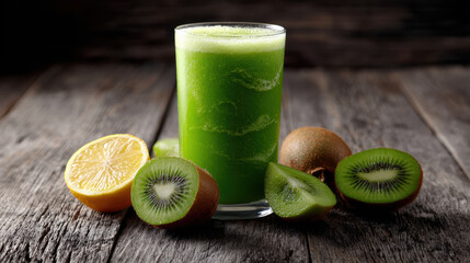 Refreshing healthy green smoothie juice drink on wood table. This healthy fruit beverage with fresh kiwi and lemon perfect for detox diet