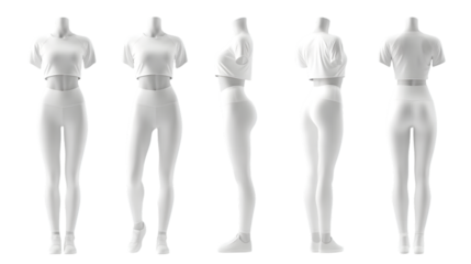 White fitness apparel set on mannequins multiple angles Isolated on transparent background
