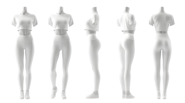White fitness apparel set on mannequins multiple angles Isolated on transparent background