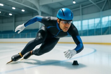 Speed skater in aerodynamic suit racing on indoor ice rink with dynamic posture and focus under bright artificial light in competitive sport scene. Ai generative