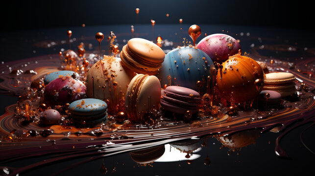 Colorful macarons and glossy sphere-shaped desserts sit in a swirling pool of melted chocolate, creating a dreamy cosmic confectionery scene with rich textures and glowing details.