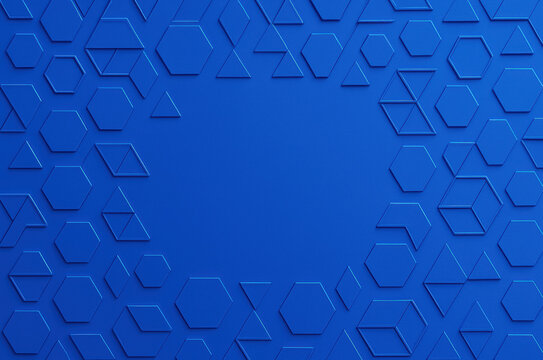 Vibrant cobalt blue backdrop featuring monochrome geometric shapes, hexagons, triangles, and angled forms, arranged around an empty center. Clean structured surface with copy space, negative space - Powered by Adobe