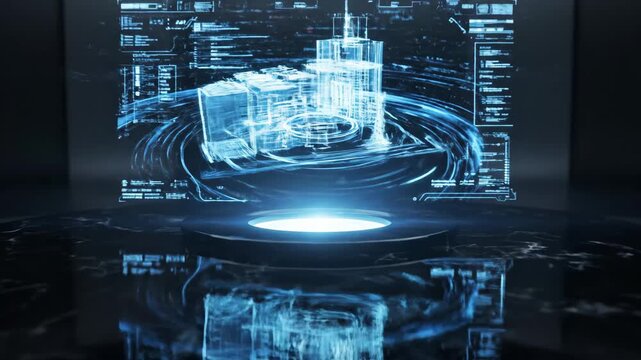 Black marble pedestal displaying an abstract blue holographic projection of a digital data structure, representing advanced technology and virtual reality in a dark, minimalist setting - Powered by Adobe