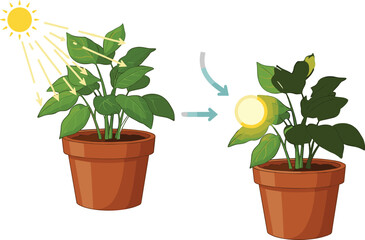 Phototropism plant growth illustration with sunlight arrows, biology educational vector diagram, potted plant turning towards light photosynthesis concept design