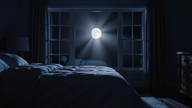 Bedroom bathed in soft full moonlight through a large window, creating a calm, cozy nighttime atmosphere ideal for restful sleep, relaxation, and quiet domestic comfort
