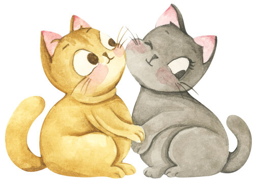 Cute Watercolor Cat Characters, Lovely Pet Couple in Love for Valentine and Wedding Design - Powered by Adobe