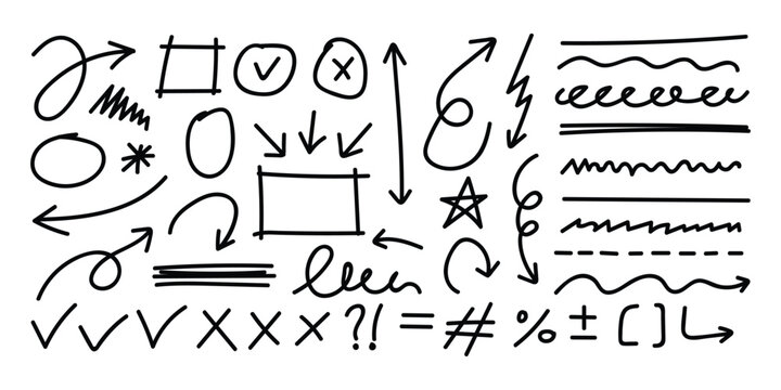 Paint brush arrows and frames icon vector. Hand drawn scribble crayon arrows, circles and check marks, underlines symbol. vector illustration.