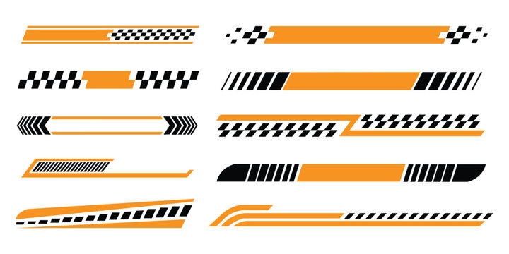 Racing cars and race car stripes icon set vector. checkered flag, finish line, motocross labels, dynamic lines, motorsport, racing stripe speed, sport decals symbol. vector illustration.