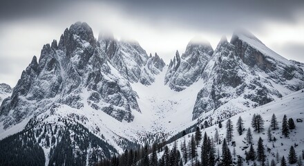 Snowy mountain peaks under cloudy sky