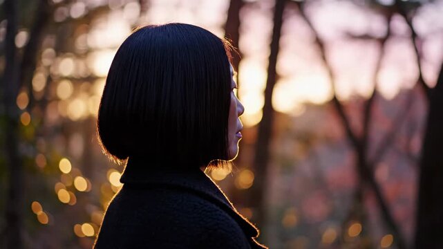 Woman with a stylish bob haircut standing in profile, looking out at the forest during a peaceful sunset, with warm bokeh lights creating a serene and reflective mood