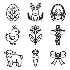 Easter Line Art Icons With Egg Bunny Chick Flower Cross Keywords: easter, egg, bunny, chick
