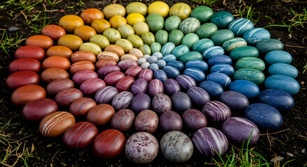A spiral arrangement of colorful stones in a spectrum on dark soil with grass around it outdoors