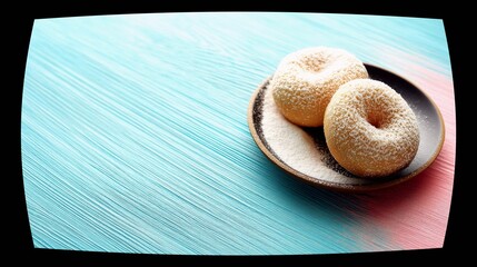 Two freshly baked donuts dusted with powdered sugar sit on a dark plate against a vibrant, textured wooden surface.