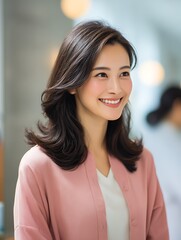 Fototapeta premium Japanese fashion and beauty, a woman receiving a sleek hairstyle in a bright salon