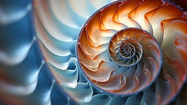 Macro close-up of a cut nautilus shell revealing the perfect logarithmic spiral, showcasing Fibonacci symmetry and natural geometry
