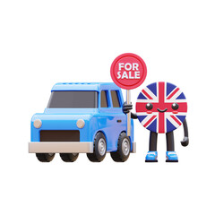 3D United Kingdom flag character holding for sale sign beside blue car representing automotive business promotion.