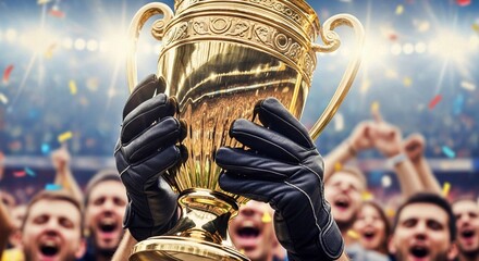Winner celebrating with golden trophy in stadium surrounded by cheering fans