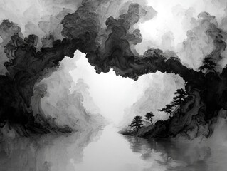 Abstract Chinese ink painting depicts black ink swirling in water, creating a dreamlike and ethereal landscape through expressive brushstrokes, negative space, and monochrome art.