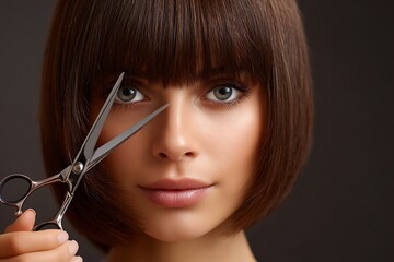 Hair model posing elegantly while holding sharp professional hair cutting scissors