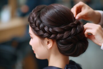 Beautiful and intricate braided updo for a bride, showcasing sophisticated wedding hair design