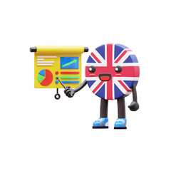 3D United Kingdom flag mascot explaining colorful pie and bar charts showing growth and analysis concept.