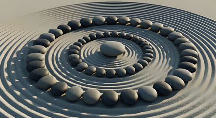 Zen garden with concentric sand circles and pebble arrangement creating a peaceful scene