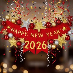 Naklejka premium Festive Celebration of New Year 2026 with Shimmering Ornaments and Confetti