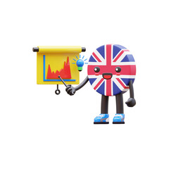 Cute United Kingdom flag character pointing to financial graph for growth, economy, and business presentation.