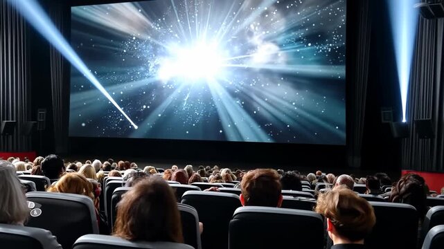Enthusiastic audience mesmerized by breathtaking visuals at the cinema during a special screening event in the evening