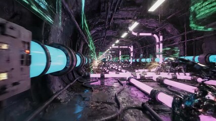 Spider-like robots traverse a dark cyberpunk tunnel lined with neon lights, glowing data screens and industrial wiring, evoking ai, automation and a dystopian future - Powered by Adobe