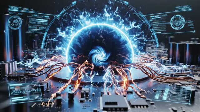 Centralized energy core glowing on a futuristic computer circuit board, radiating digital data and surrounded by holographic user interface elements and advanced processing capabilities - Powered by Adobe