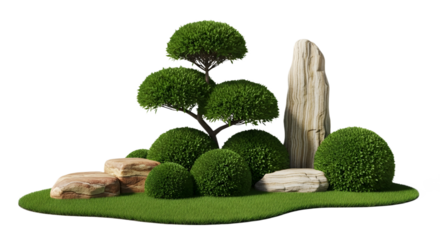 A small zen garden with rocks and a bonsai tree on transparent background