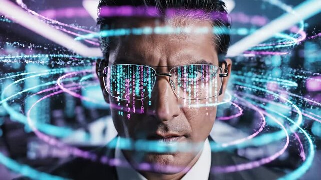 Business executive wearing augmented reality glasses, interacting with floating digital data and ai-driven analytics in a corporate boardroom, projecting futuristic tech and strategic insight