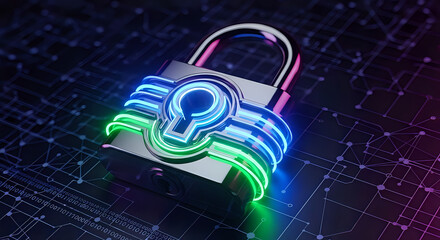 Close up of a silver padlock with blue and green neon lights on a dark circuit board background