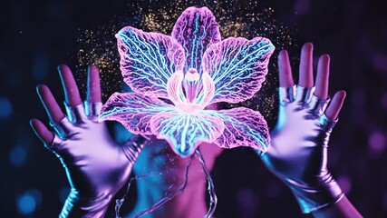 Woman's hands, wearing futuristic gloves, interacting with glowing pink light trails in a dark cyberpunk environment with vibrant neon blue and purple illumination, showcasing digital art - Powered by Adobe