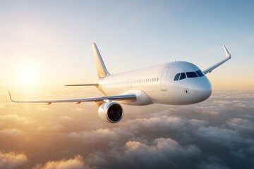 Obraz premium Commercial airplane flying above clouds at golden sunrise with soft light and clear sky background, showcasing modern air transport concept.