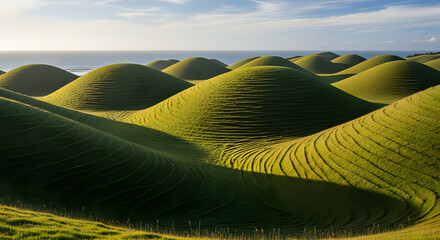 Rolling green hills meet the ocean under a bright sky with wispy clouds in a scenic landscape view