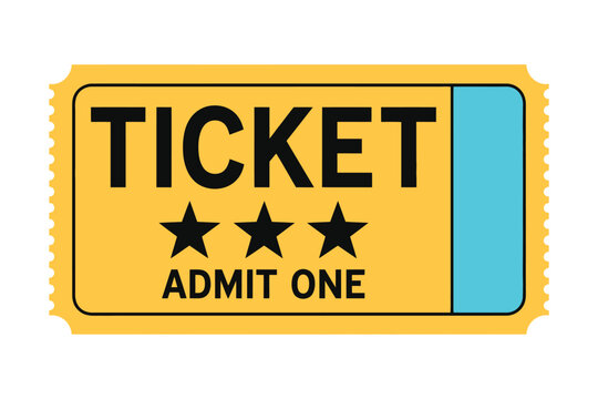 A yellow admit one ticket with three black stars is shown against a white background.
