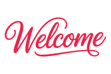 A bright red cursive 'Welcome' message is displayed against a clean white background, conveying a friendly greeting.