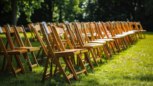 A row of wooden folding chairs arranged neatly on green grass under sunlight. The setting is ideal for an outdoor event or ceremony. - Powered by Adobe