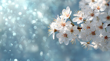 Delicate white blossoms on a branch against a soft blue bokeh background white flowers cherry blossoms