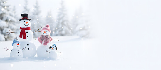 Cheerful Snowman family standing in snowy winter landscape for Christmas  