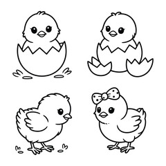 Cute cartoon chicks hatching from eggs and one with a bow chicken bird