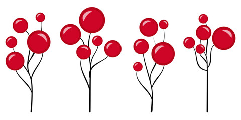Branch with red berries for New Year's decor. Selection of vector isolated elements for holiday design. Set of decorative plants for prints, bouquets, cards.