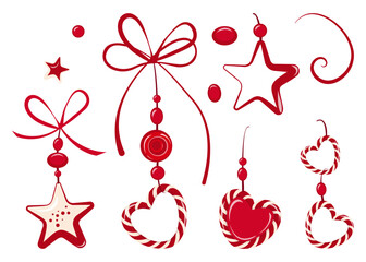 Set of bright Christmas tree and interior decorations. Vector isolated pendants on string made of round and oval beads, stars, and hearts. A selection of stylish jewelry Christmas tree ornaments.