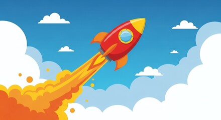 Illustration of a red rocket blasting off through clouds symbolizing startup success, ambition, and innovation.  
