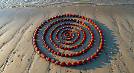 Spiral pattern of red buoys on a sandy beach near the ocean with waves gently washing ashore