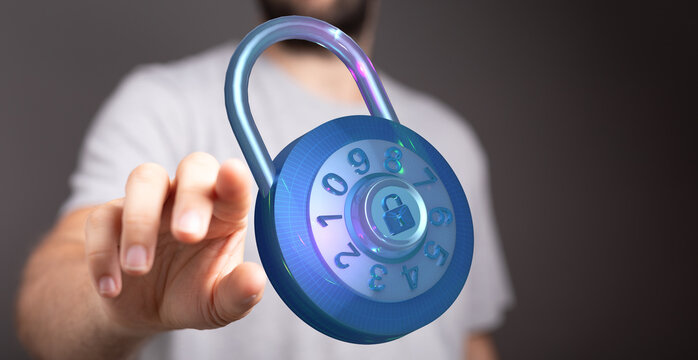Concept of data security and protection with a digital padlock, symbolizing online safety and privacy. Hand hol