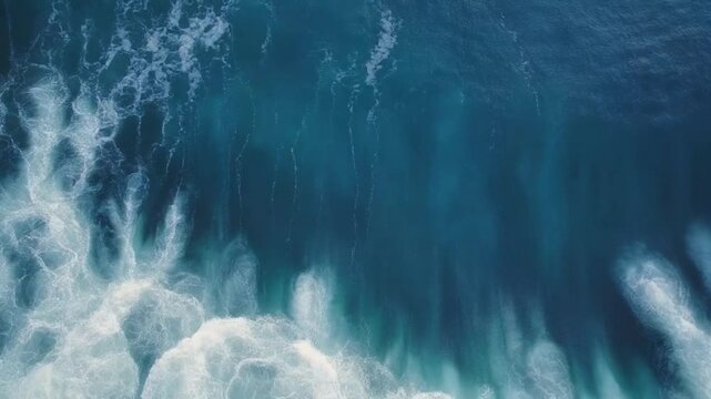 Aerial drone footage flying above rolling ocean waves, top-down view, blue gradient sea tones, smooth cinematic camera movement